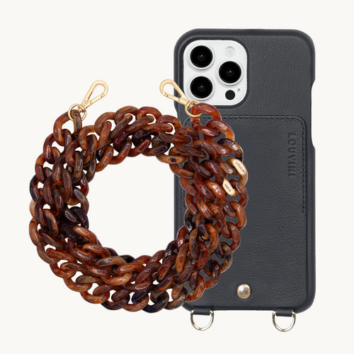ensemble coque de téléphone avec étui en cuir noir et chaîne brune 