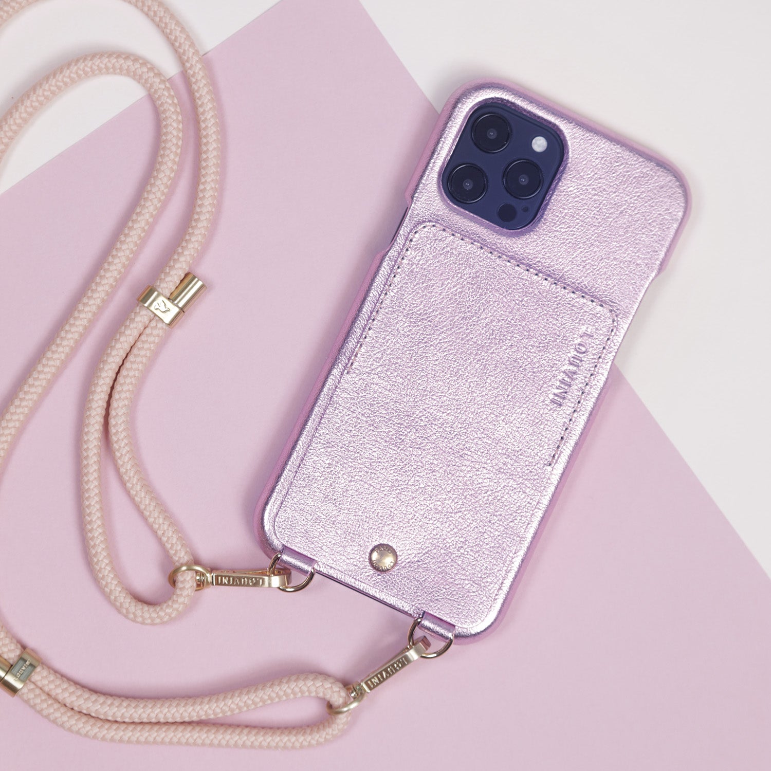 coque en cuir métallisé rose pour iphone avec porte carte et anneaux