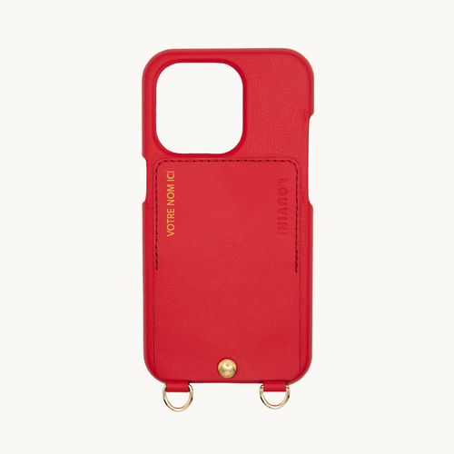 Coque iPhone cuir porte carte avec anneaux LOU - Rouge (Personnalisable)