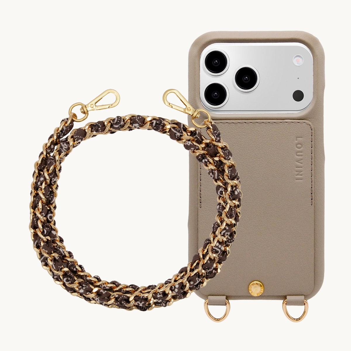 Coque iPhone LOU Taupe & Chaîne BONNIE Marron