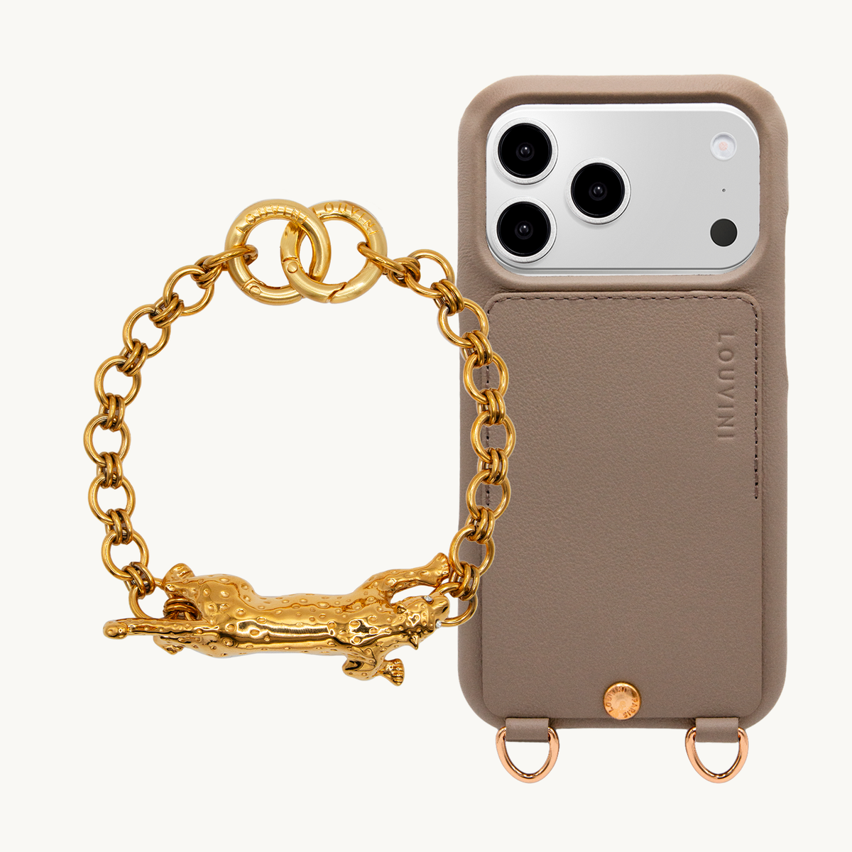 Coque iPhone LOU Taupe & Bracelet PETIT DALIA Léopard Doré