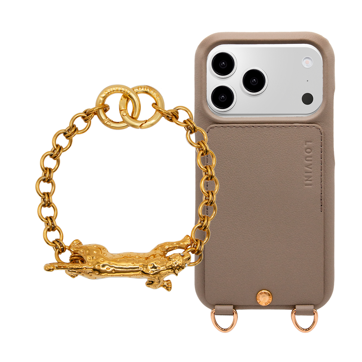 Coque iPhone LOU Taupe & Bracelet PETIT DALIA Léopard Doré
