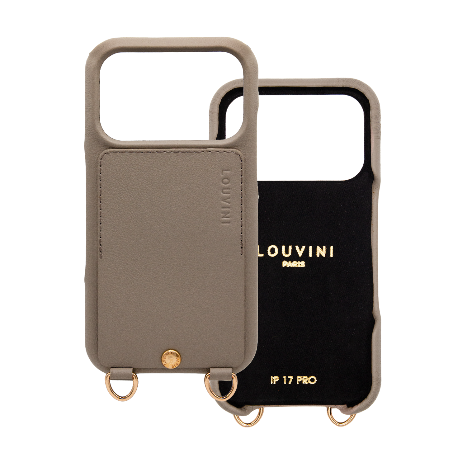 coque en cuir taupe avec porte carte et anneaux pour iphone 17 pro