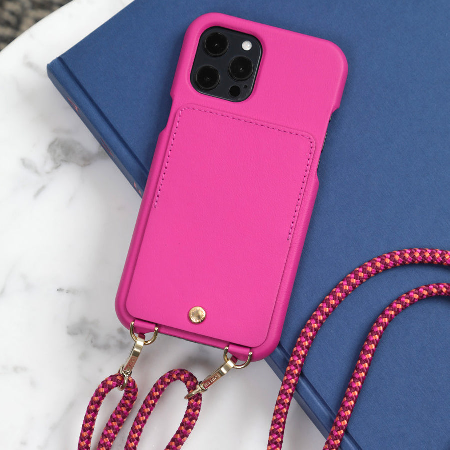 COQUE IPHONE CUIR PORTE CARTE AVEC ANNEAUX LOU FUCHSIA avec cordon tessa rose violet 