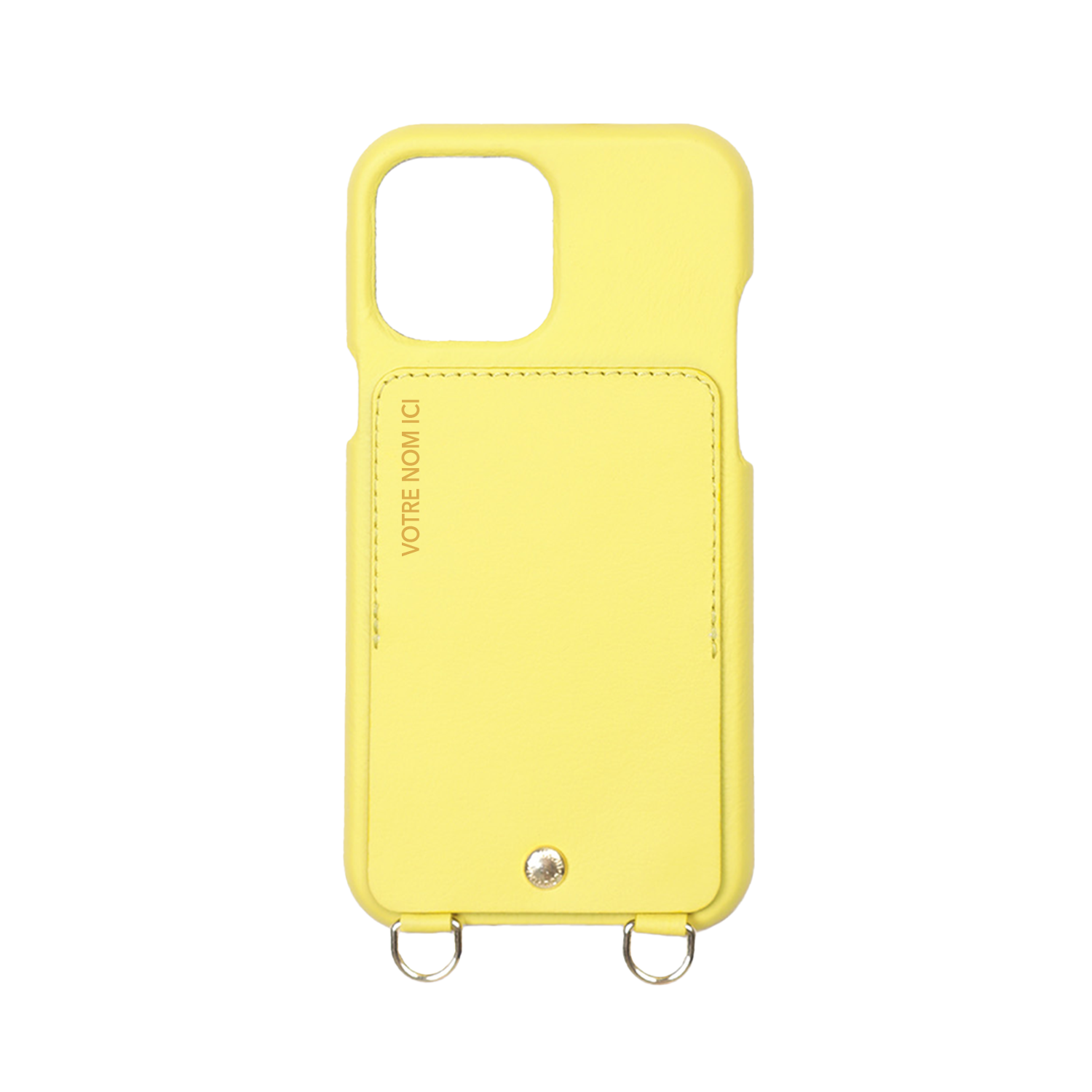 COQUE IPHONE CUIR PORTE CARTE AVEC ANNEAUX LOU - JAUNE (PERSONNALISABLE)