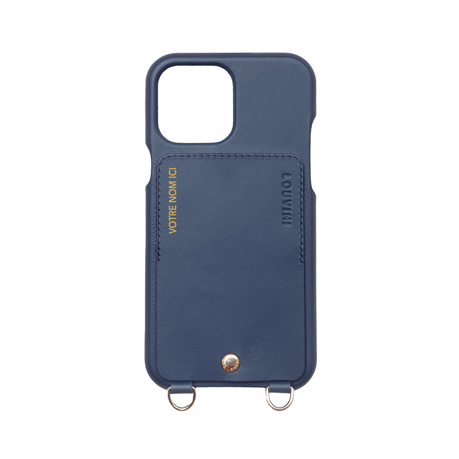 Coque iPhone cuir porte carte avec anneaux LOU - Marine (Personnalisable)