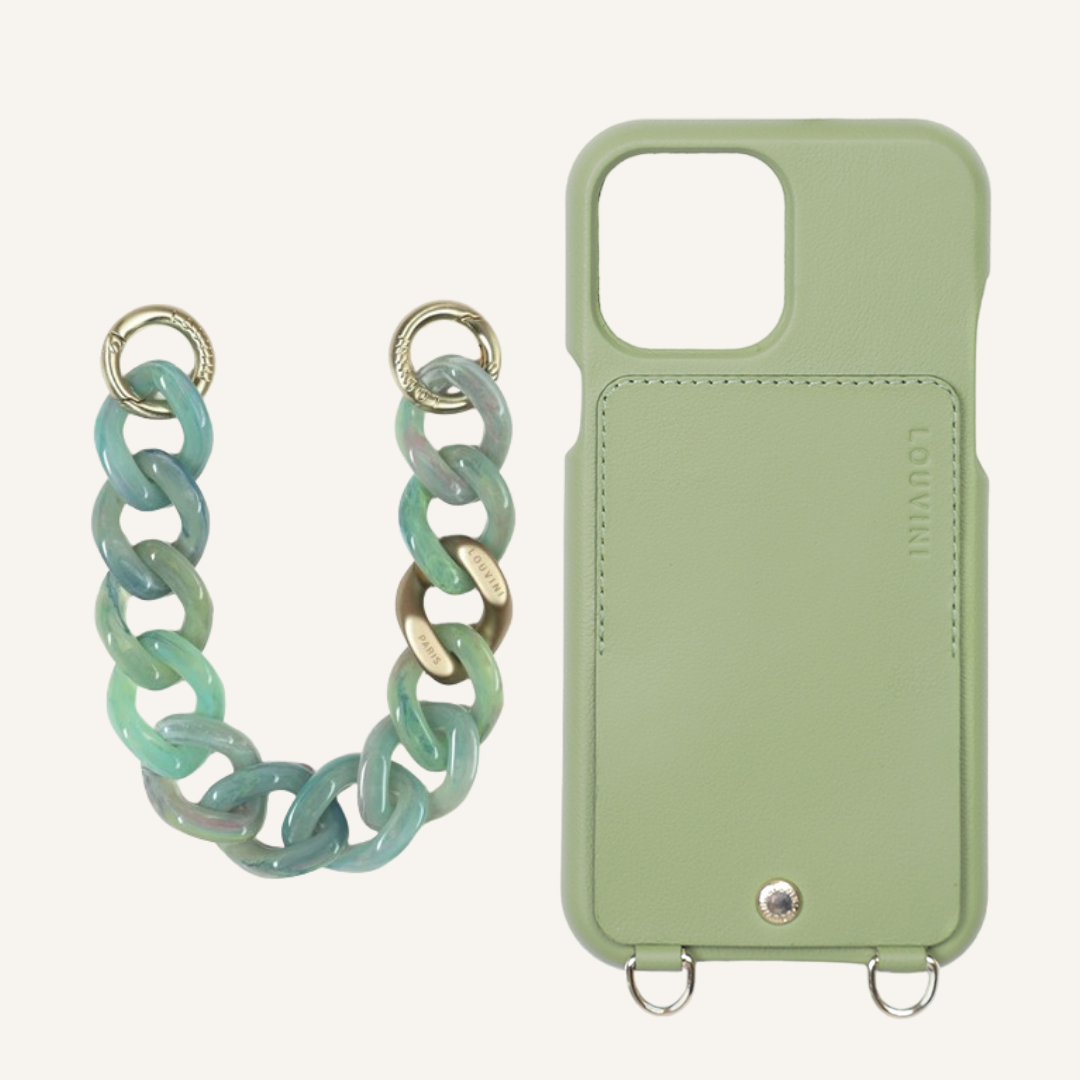 LOU Khaki Leather Case & PETIT ZOE Green-Jade Chain