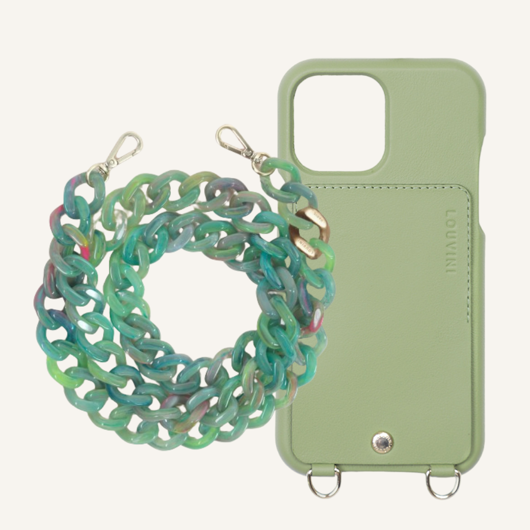 LOU Khaki Leather Case & ZOE Green-Jade Chain