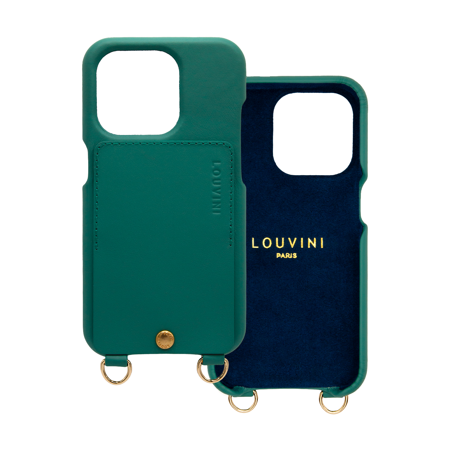 Coque iPhone cuir porte carte avec anneaux LOU - Emeraude