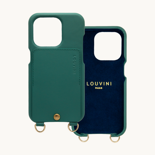 Coque iPhone cuir vert émeraude avec porte carte et anneaux