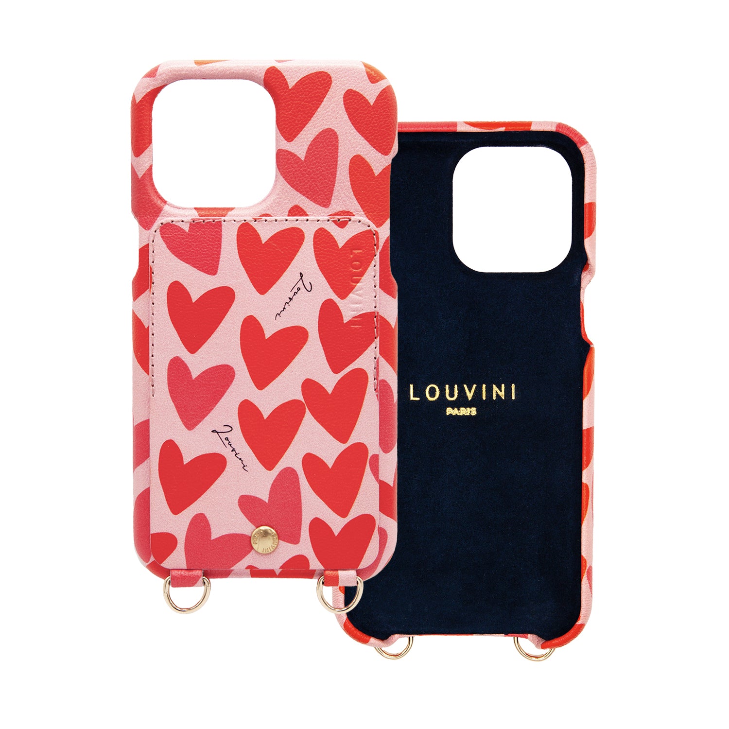 Coque iPhone cuir porte carte avec anneaux LOU - Coeurs