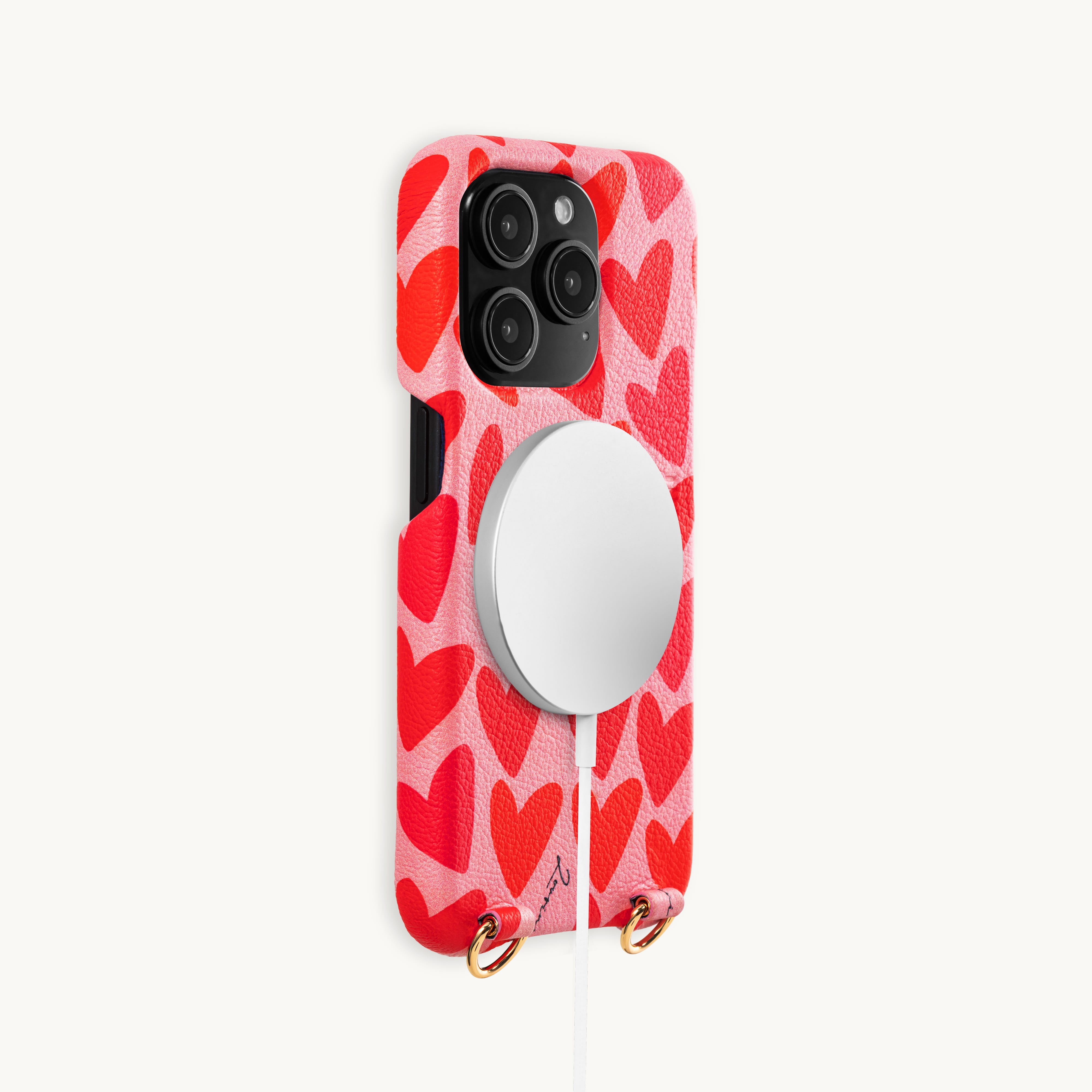 Coque iPhone cuir MagSafe avec anneaux MAX - Coeurs