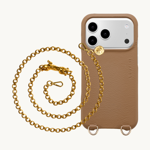 Coque iPhone MagSafe MAX Camel & Chaîne DALIA Léopard Doré