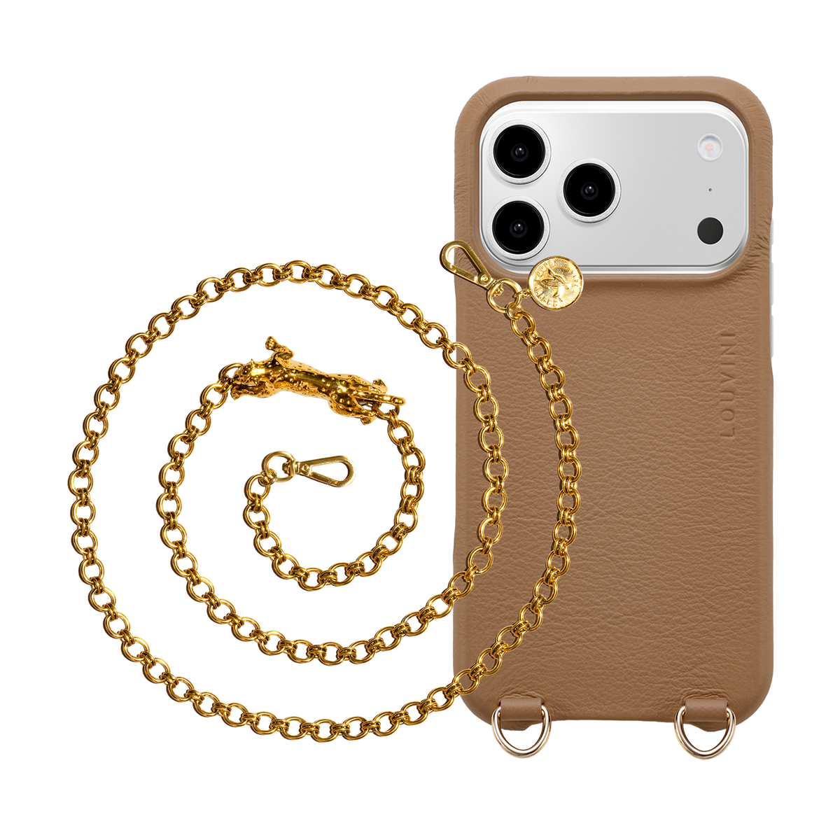 Coque iPhone MagSafe MAX Camel & Chaîne DALIA Léopard Doré