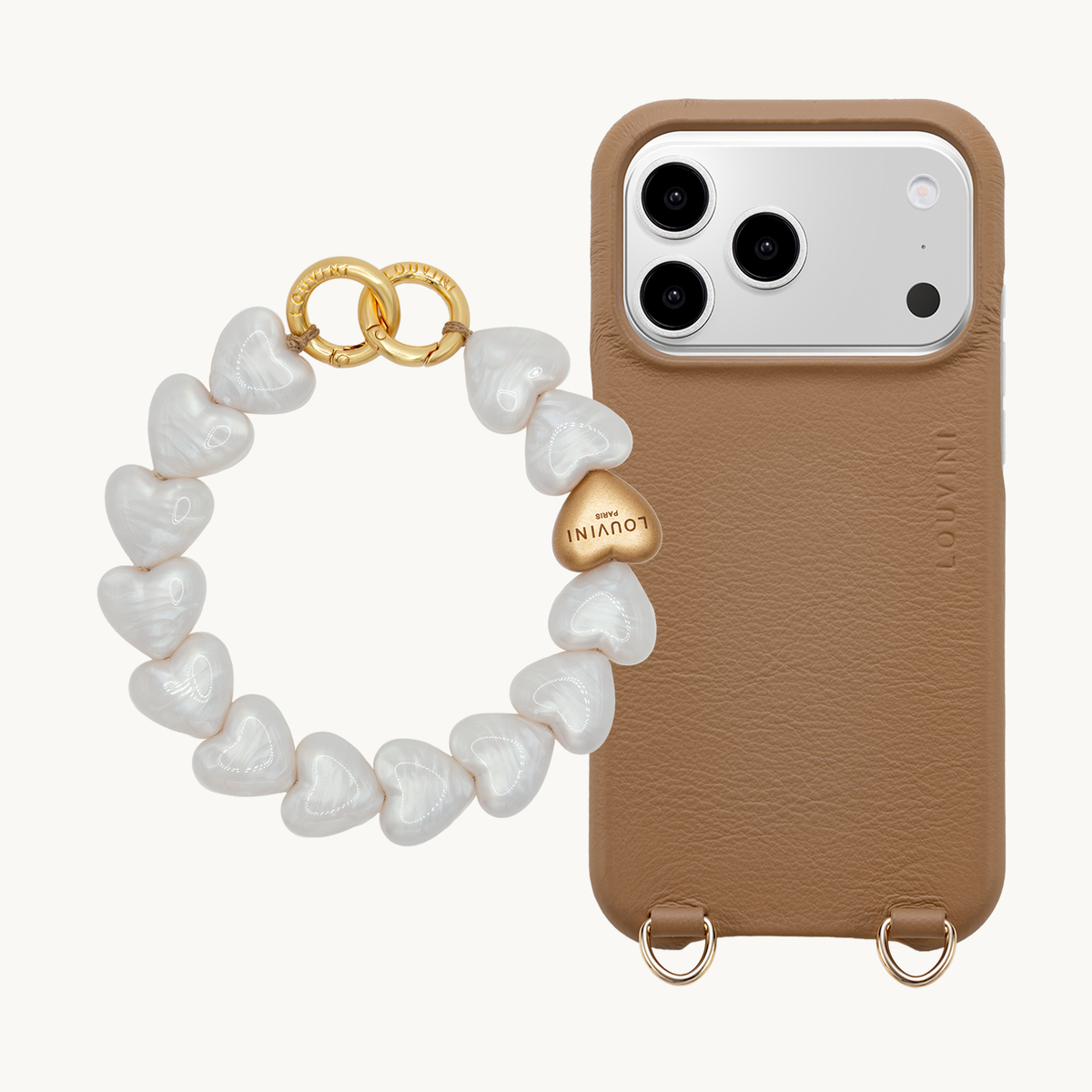 Coque iPhone MagSafe MAX Camel & Bracelet PETIT CUORE Perle Blanche