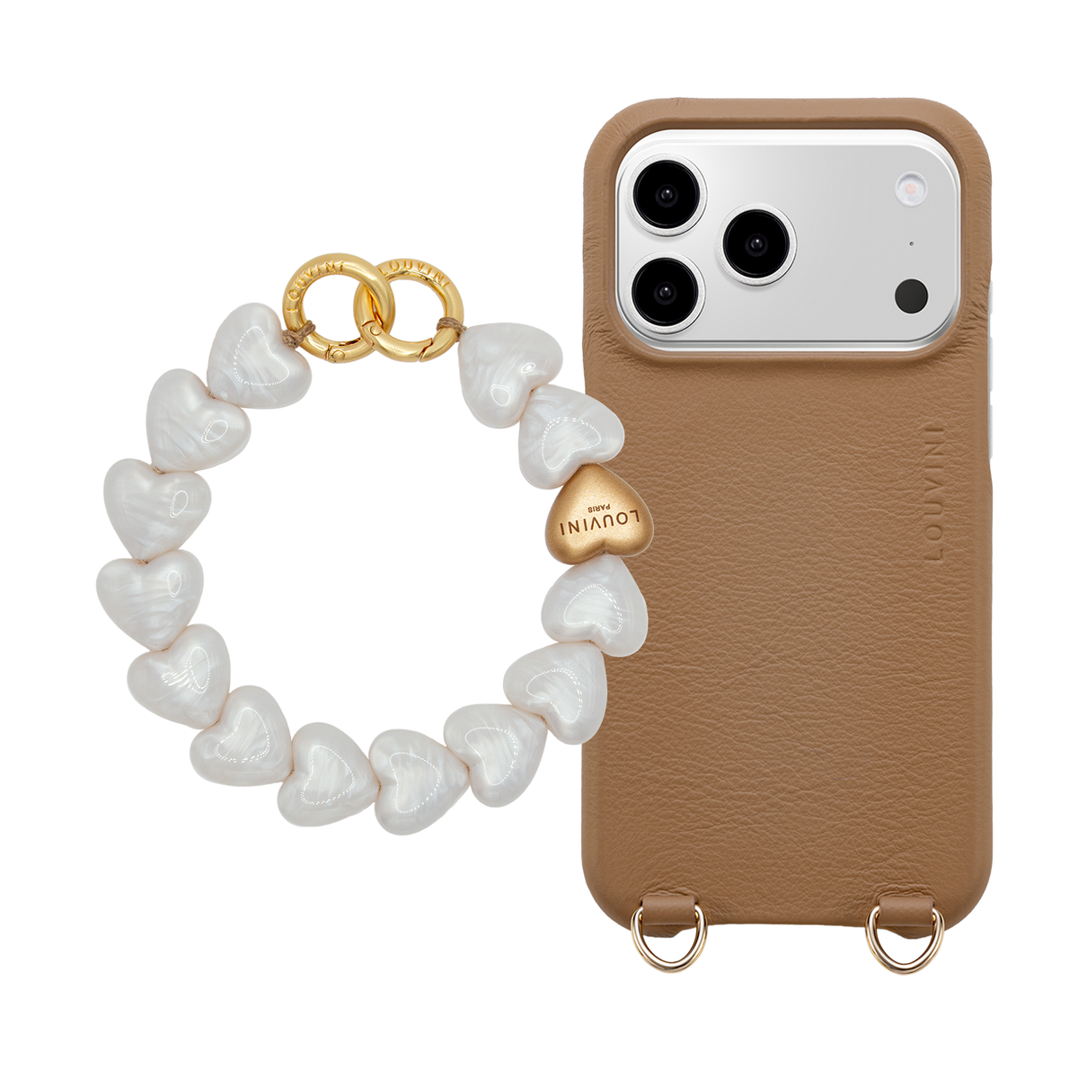 Coque iPhone MagSafe MAX Camel & Bracelet PETIT CUORE Perle Blanche