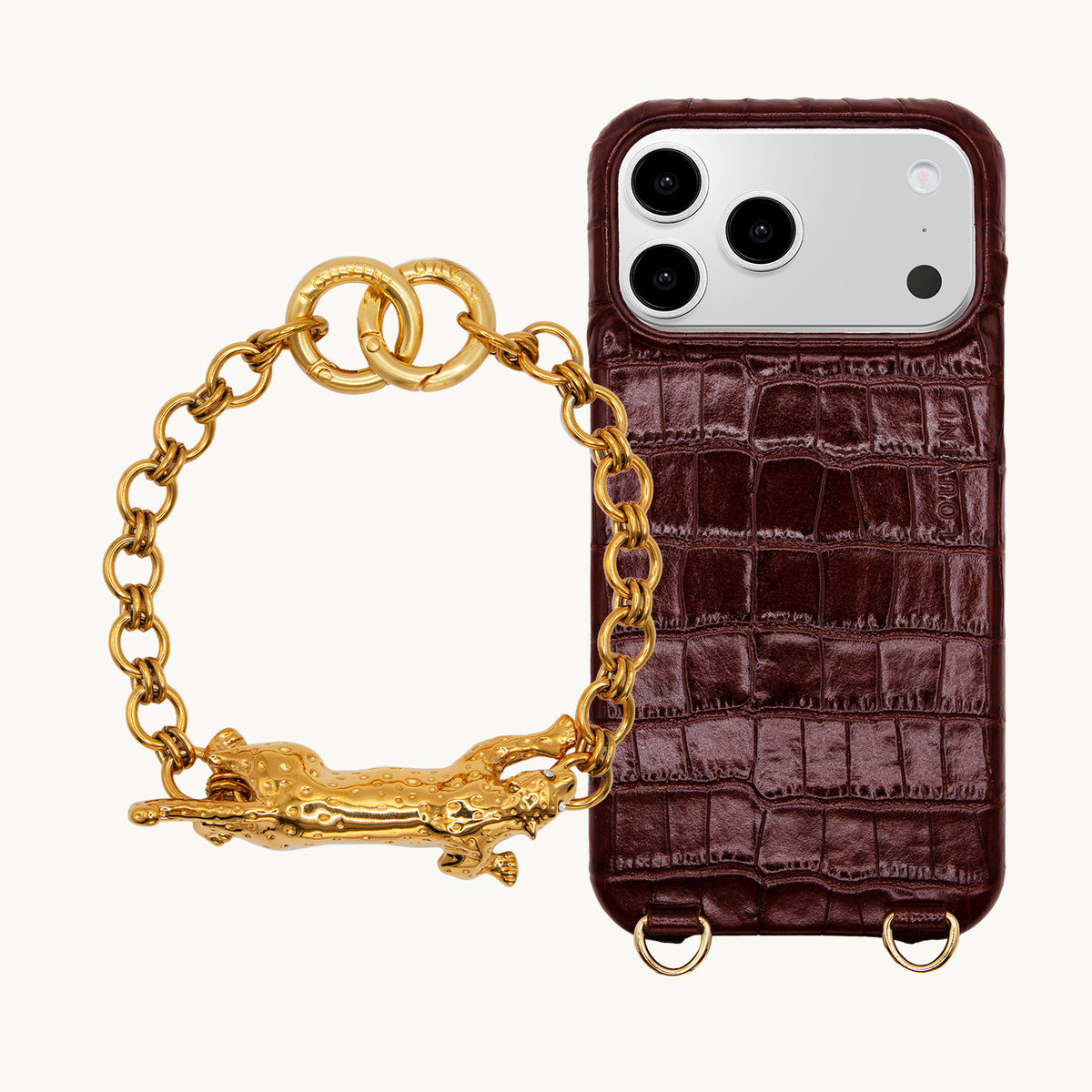 Coque iPhone MagSafe MAX Crocodile Marron & Bracelet PETIT DALIA Léopard Doré