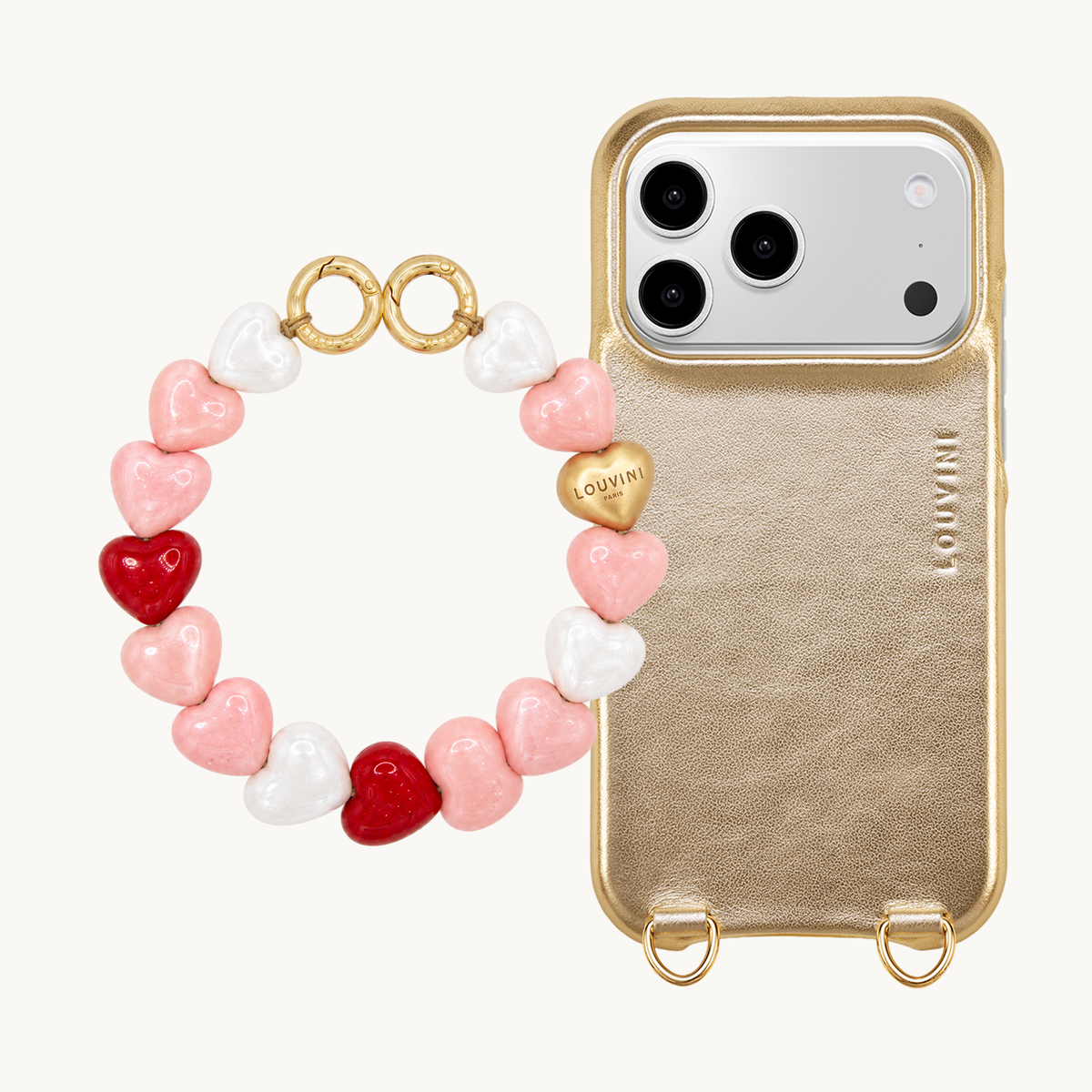 Coque iPhone MagSafe MAX Doré Métallisé & Bracelet PETIT CUORE Lait Fraise