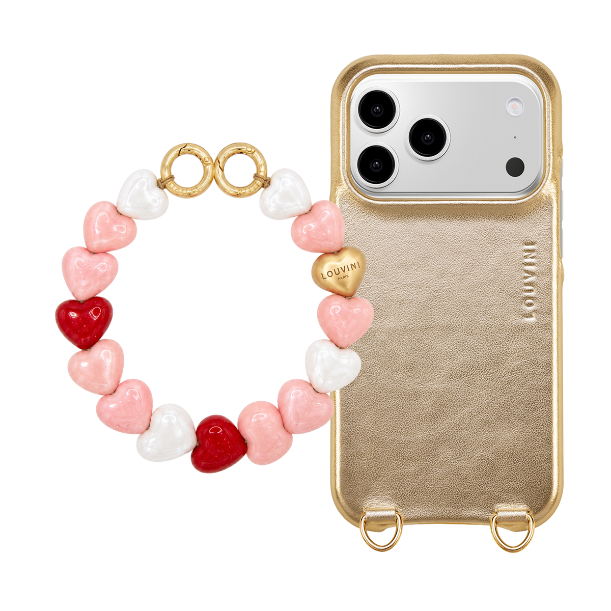 Coque iPhone MagSafe MAX Doré Métallisé & Bracelet PETIT CUORE Lait Fraise