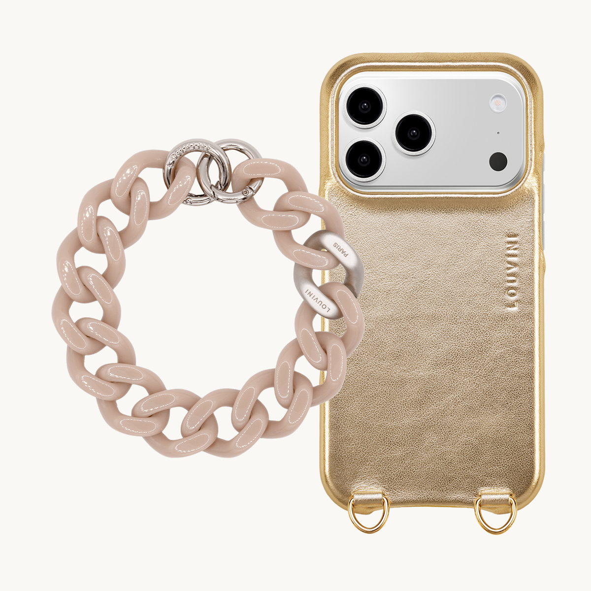Coque iPhone MagSafe MAX Doré Métallisé & Bracelet PETIT ZOE Argenté Taupe