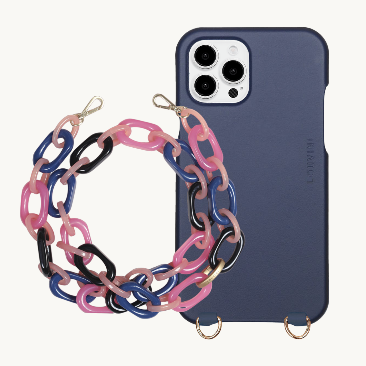 ensemble coque de téléphone en cuir marine et chaîne marine rose 