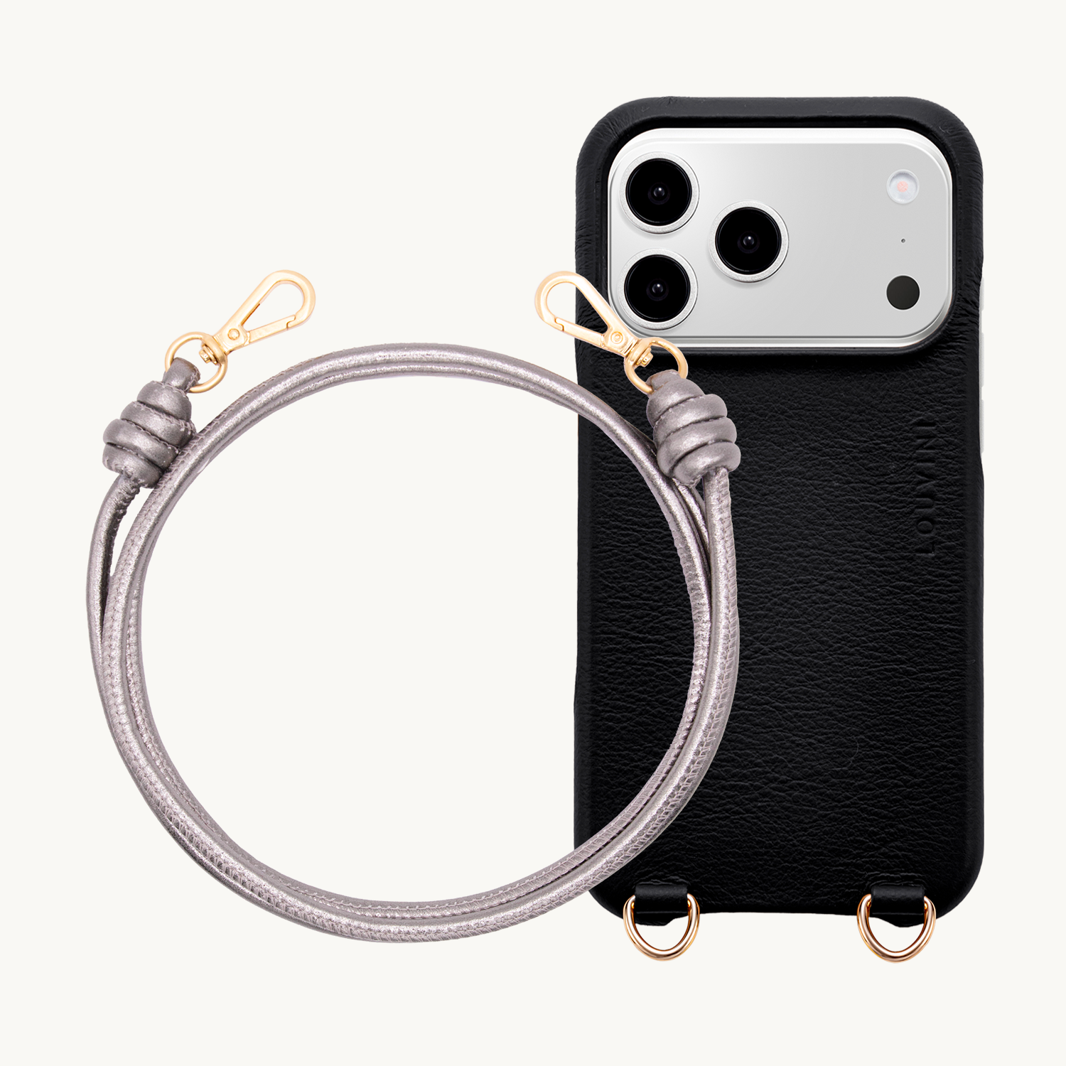 Coque iPhone MagSafe MAX Noir & Cordon KATE Anthracite Métallisé