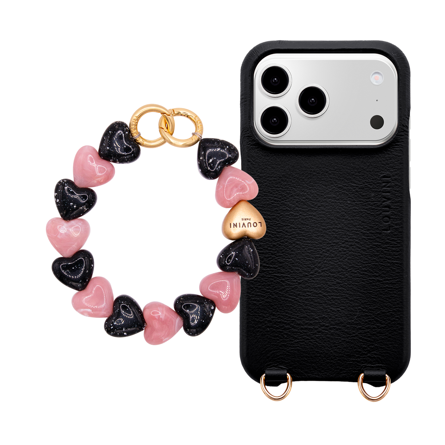 Coque iPhone MagSafe MAX Noir & Bracelet PETIT CUORE Noir-Rose