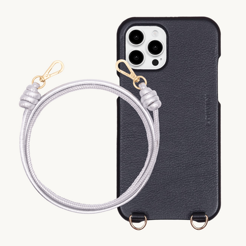 Coque iPhone MAX MagSafe Noir & cordon KATE Argenté