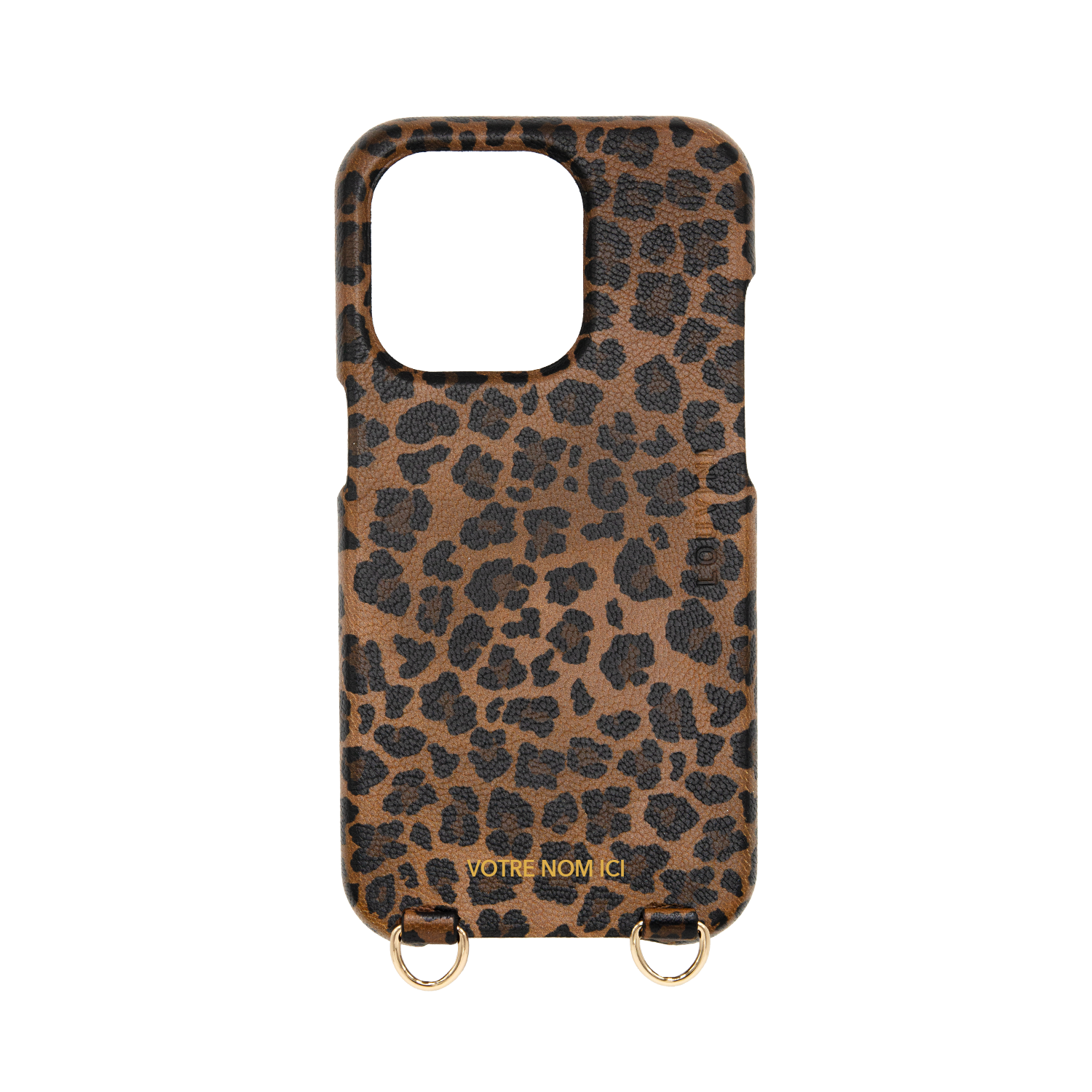 coque iphone en cuir personnalisée imprimé léopard avec anneaux