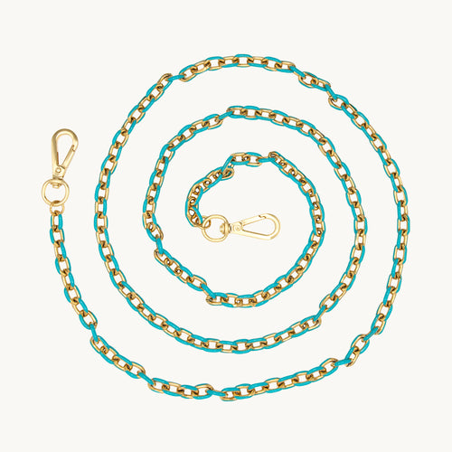 chaine bandouliere pour telephone turquoise et dore avec mousquetons