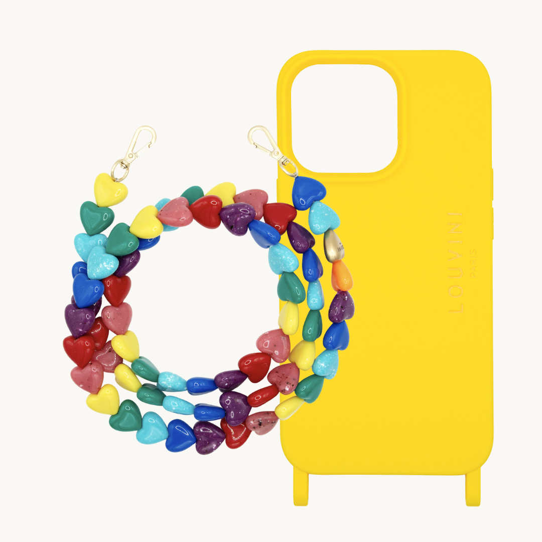 Coque Milo iPhone Jaune & chaîne Cuore Arc-en-ciel