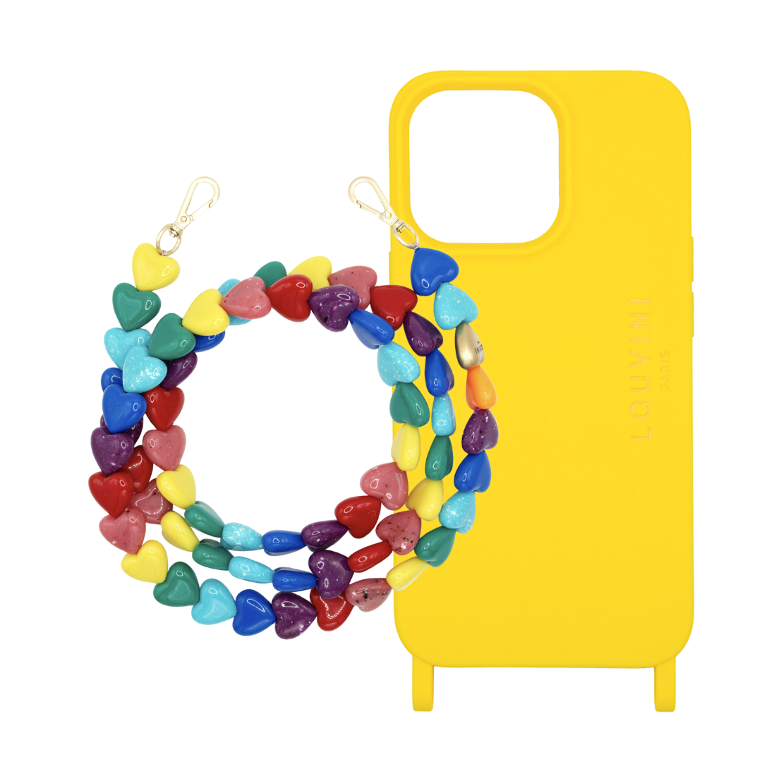 Coque Milo iPhone Jaune & chaîne Cuore Arc-en-ciel