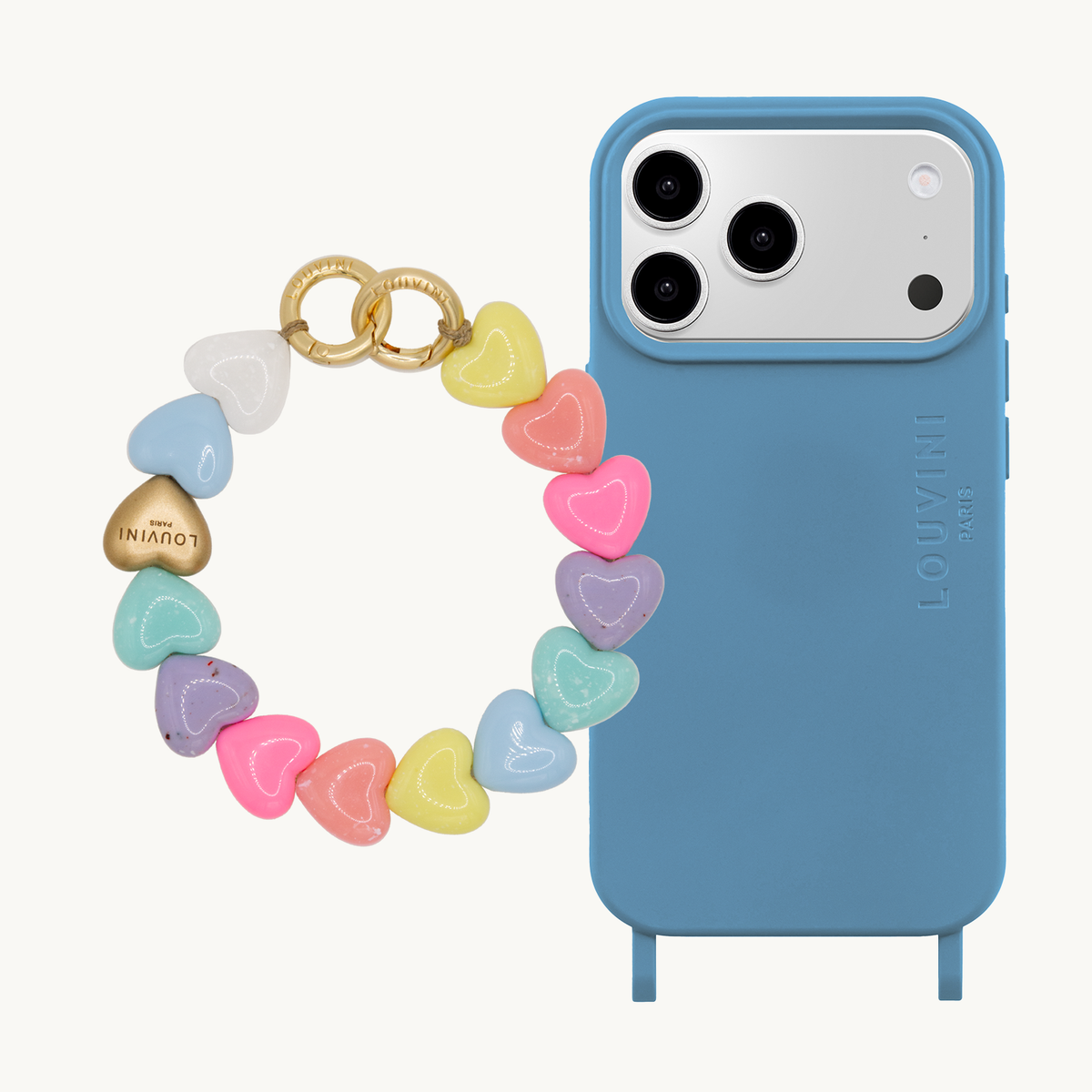 Coque iPhone MagSafe MILO Bleu Azur & Bracelet PETIT CUORE Pastel