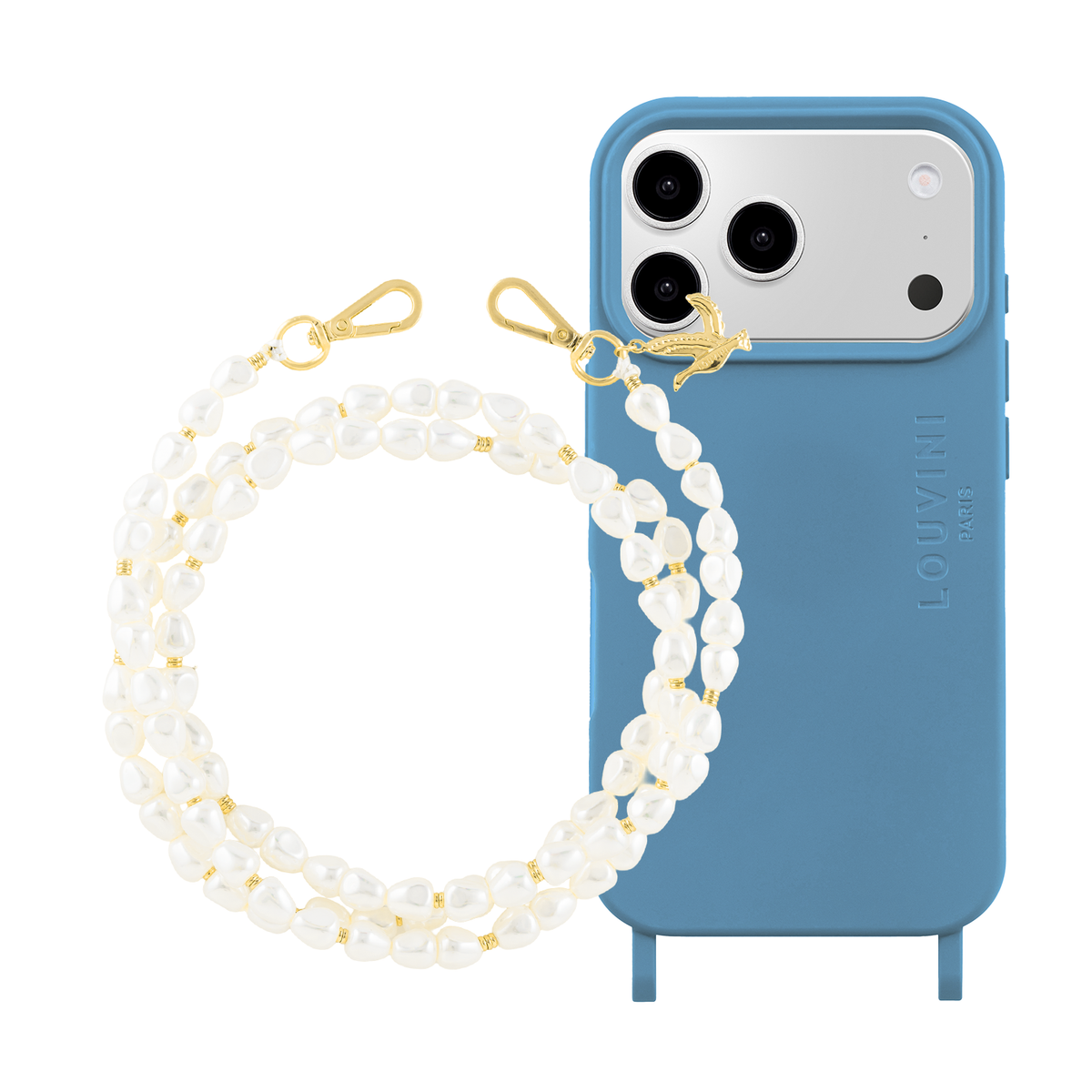 Coque iPhone MagSafe avec anneaux MILO Bleu Azur & Chaîne SUZY Blanc