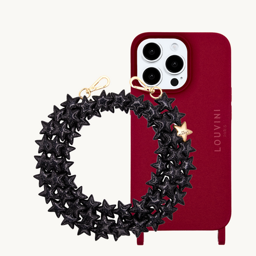 ensemble coque de téléphone bordeaux et cordon noir paillette 