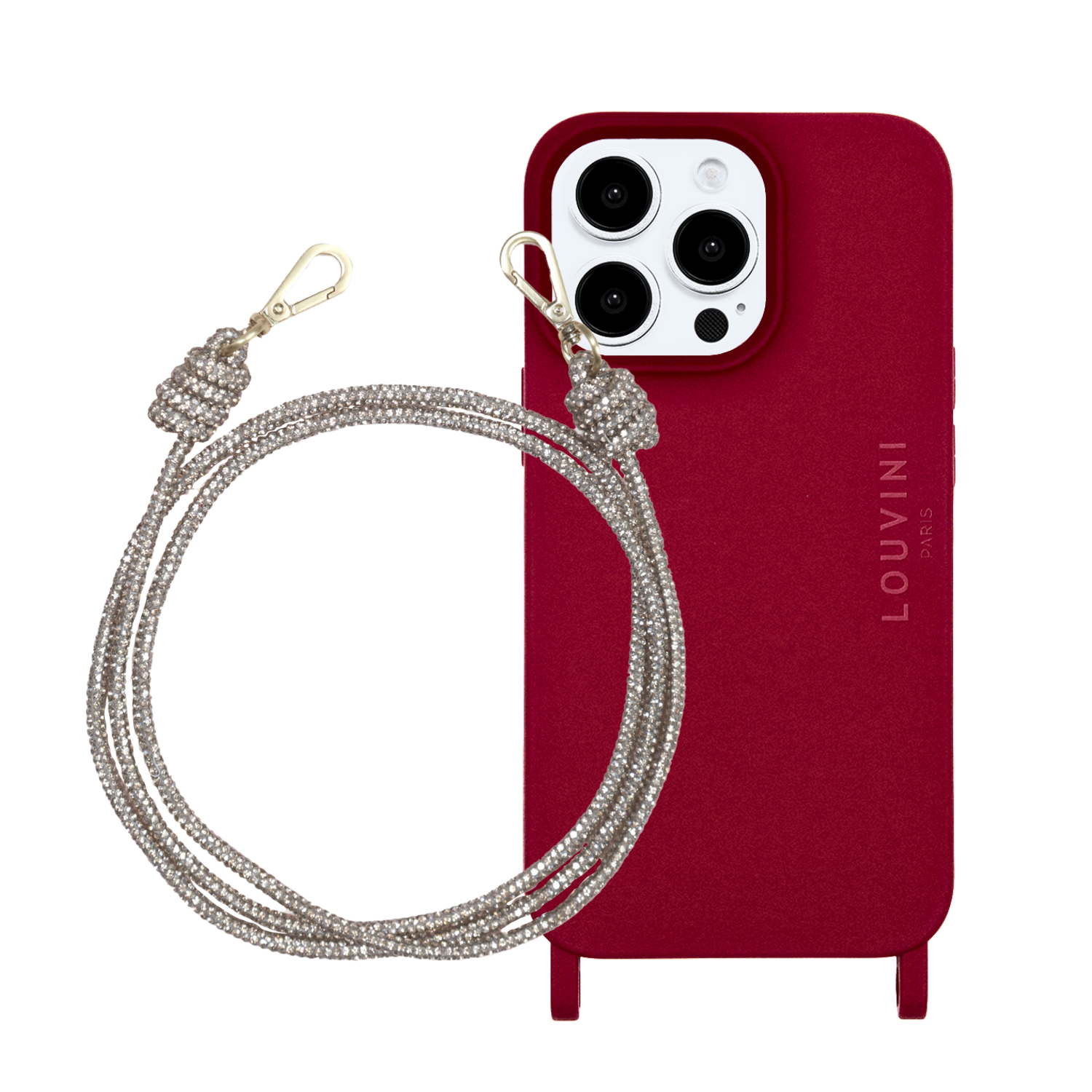 ensemble coque pour téléphone bordeaux  avec cordon argenté 