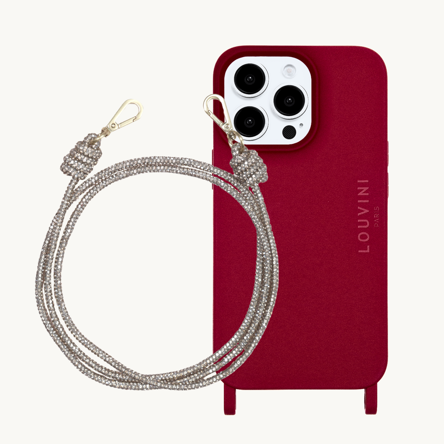 ensemble coque pour téléphone bordeaux  avec cordon argenté 