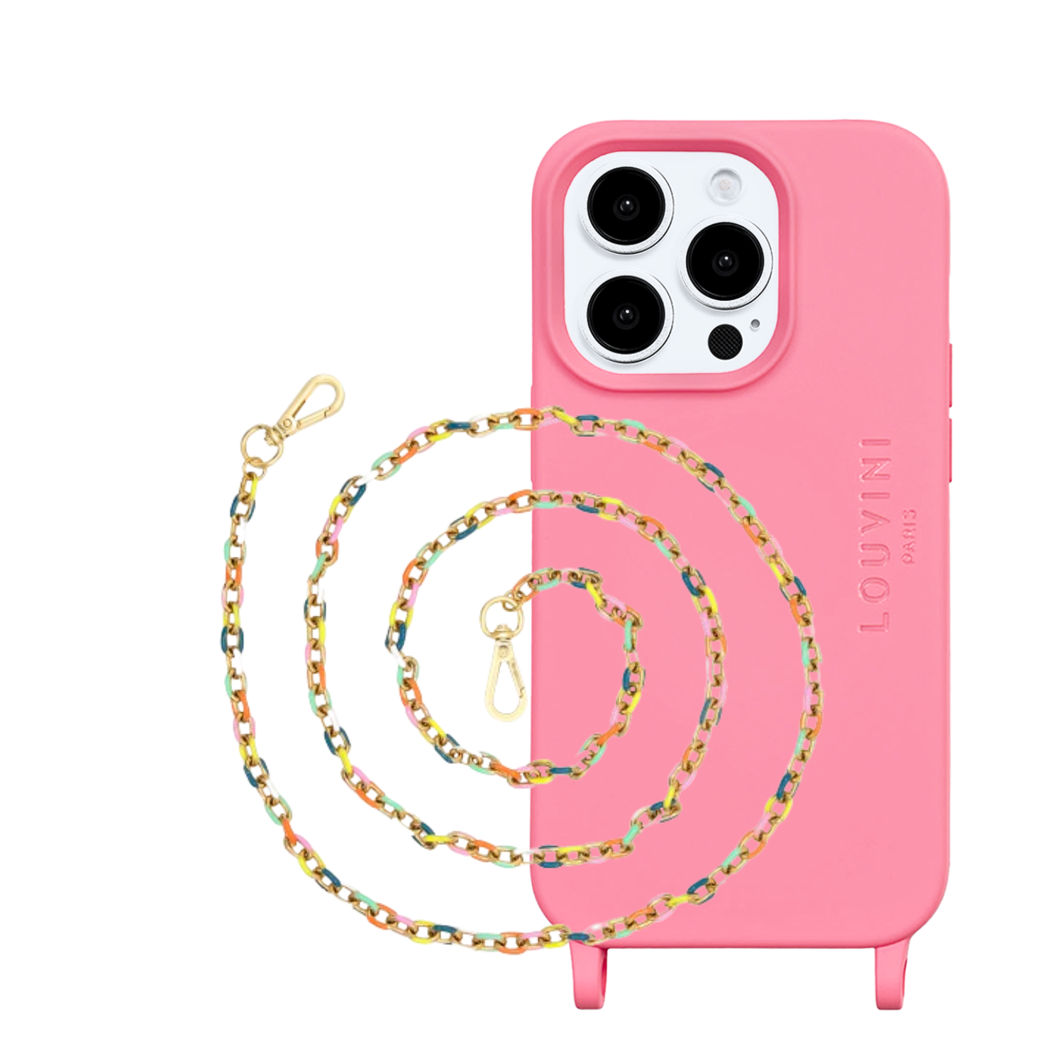 ensemble coque de téléphone rose et chaîne fluo 