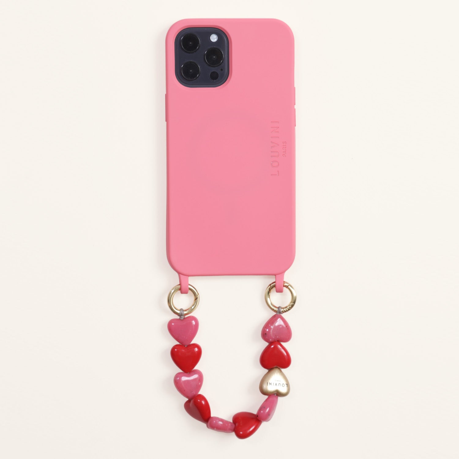 bracelet de telephone a coeurs en resine rouge et rose et coque rose