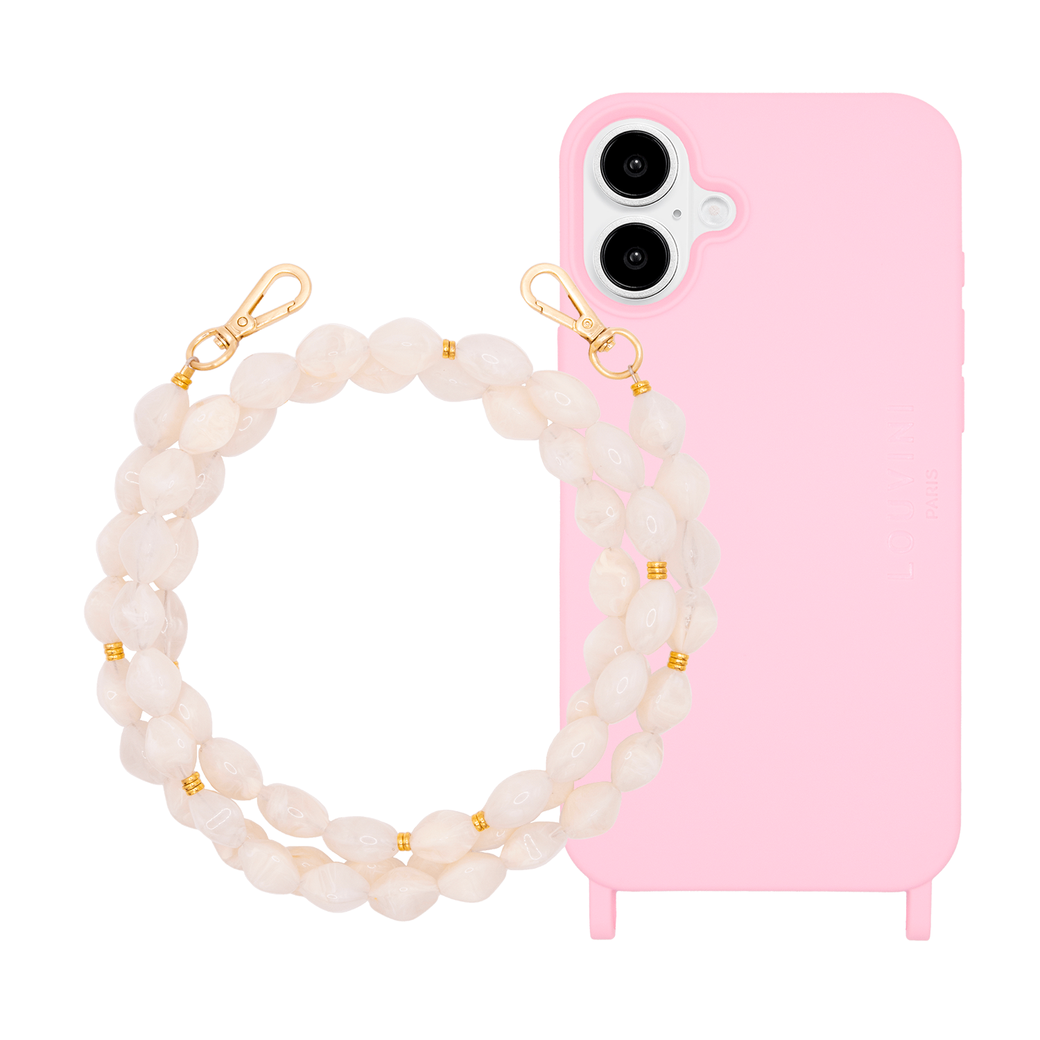 Coque iPhone MagSafe MILO Soft Pink & chaîne RITA Beige