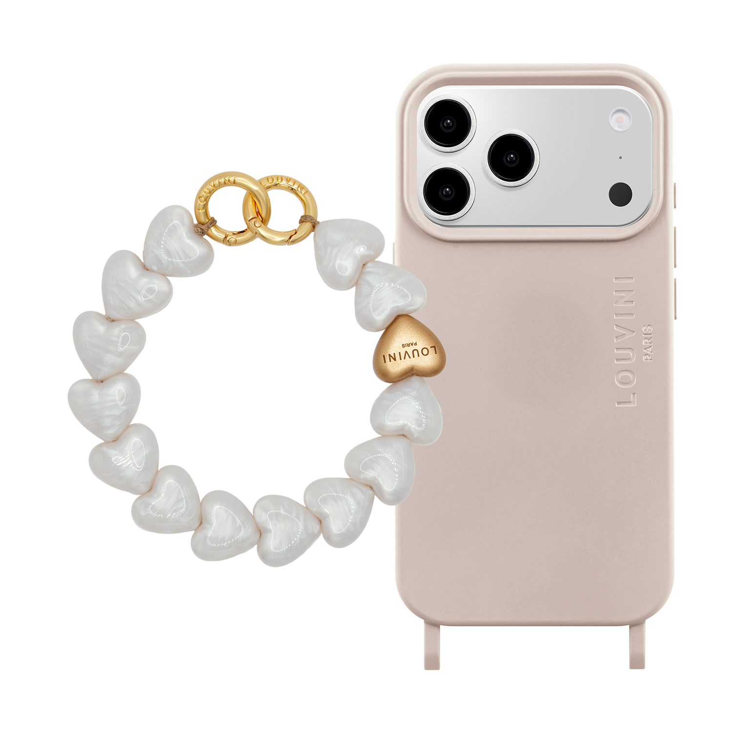 Coque iPhone MagSafe MILO Taupe & Bracelet PETIT CUORE Perles Blanches