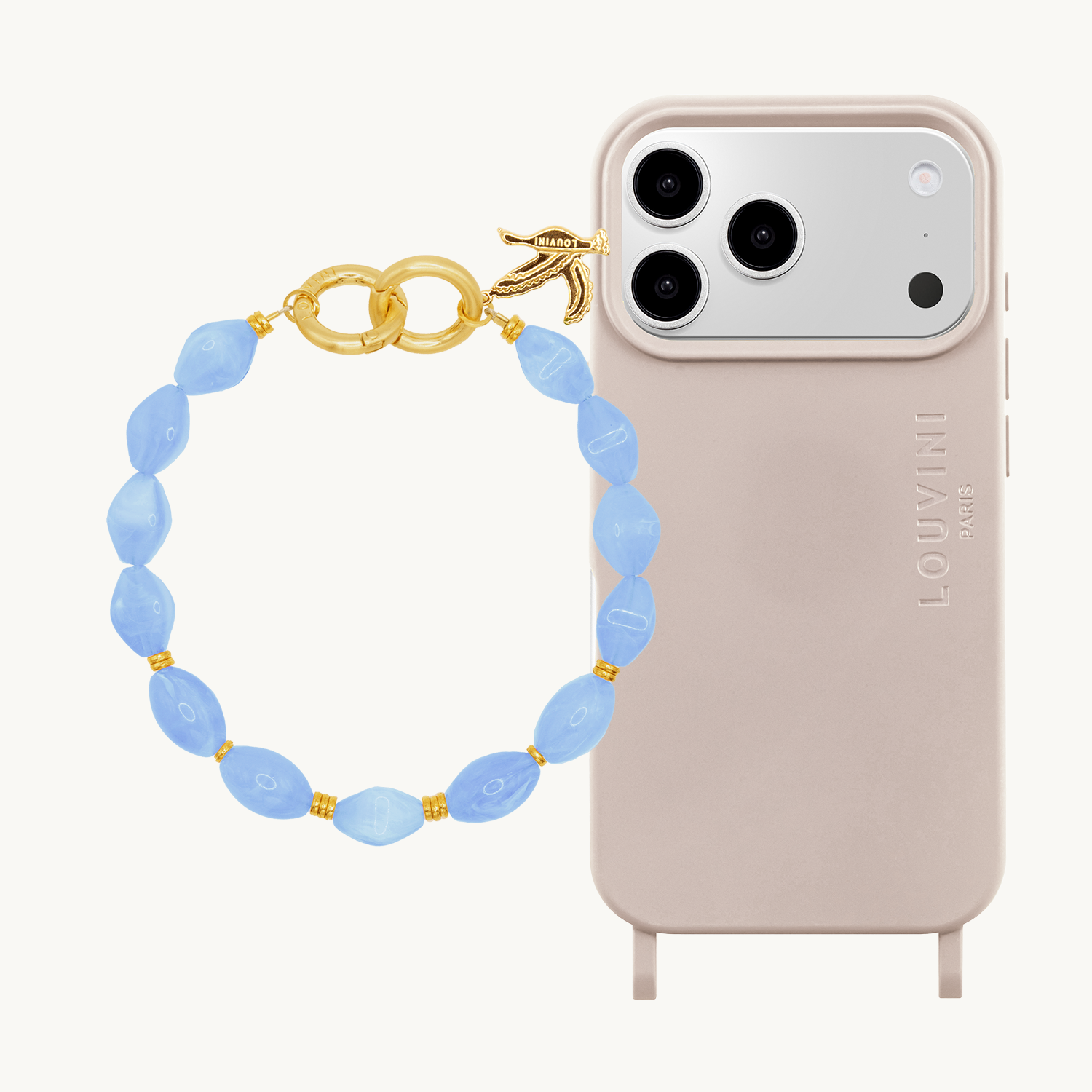 Coque iPhone MagSafe MILO Taupe & Bracelet PETIT RITA Bleu Ciel
