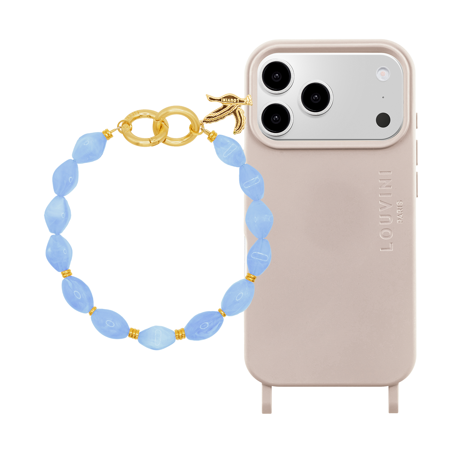 Coque iPhone MagSafe MILO Taupe & Bracelet PETIT RITA Bleu Ciel