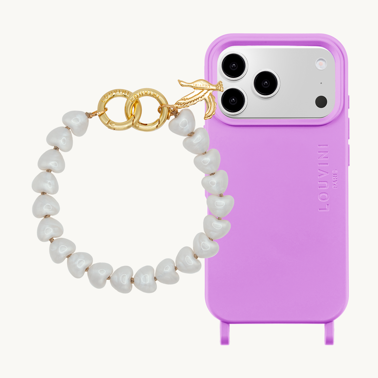 Coque iPhone MagSafe MILO Violet & Bracelet TINY CUORE Perle Blanche