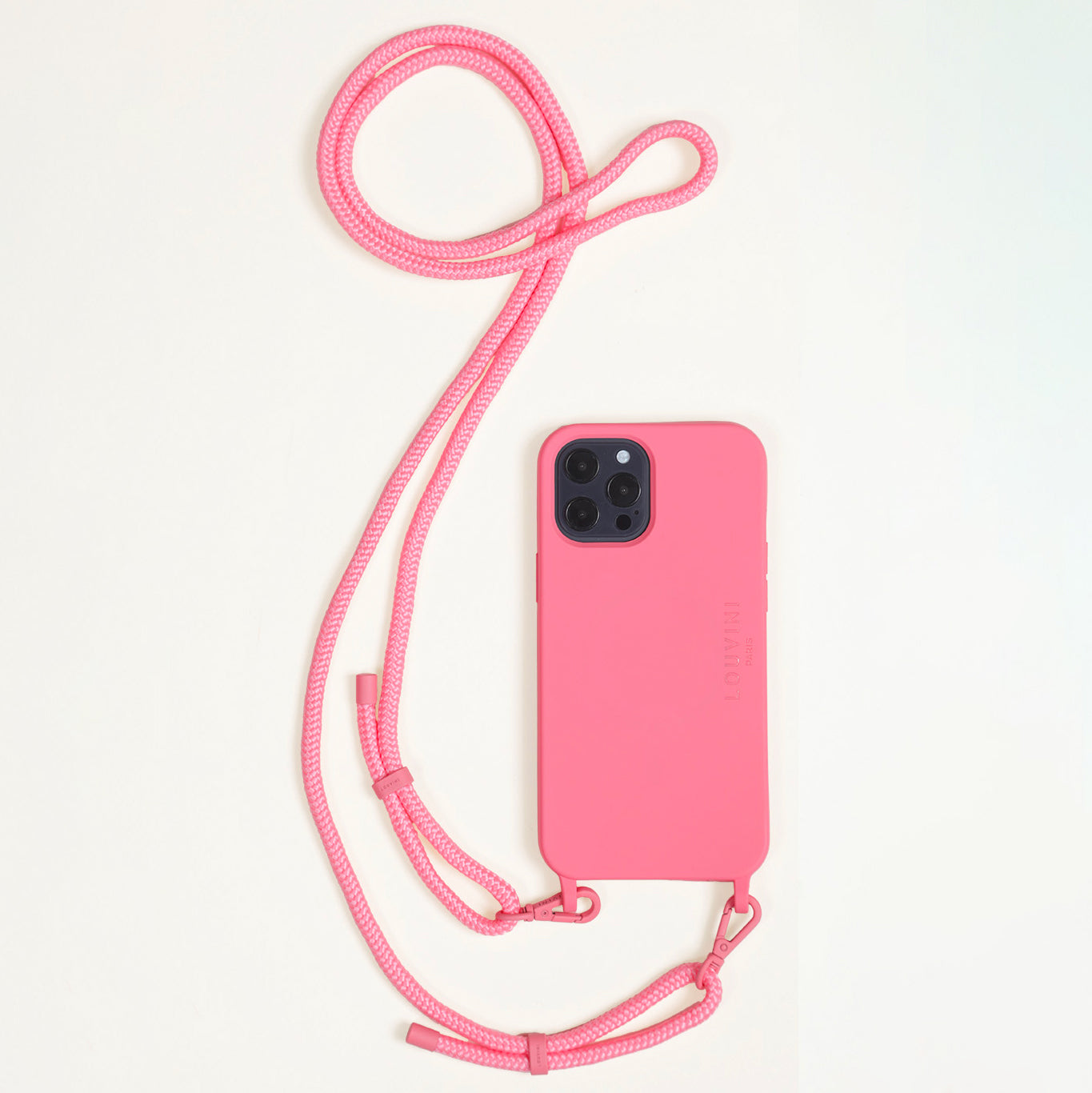 cordon pour téléphone rose avec mousquetons en bandoulière et coque