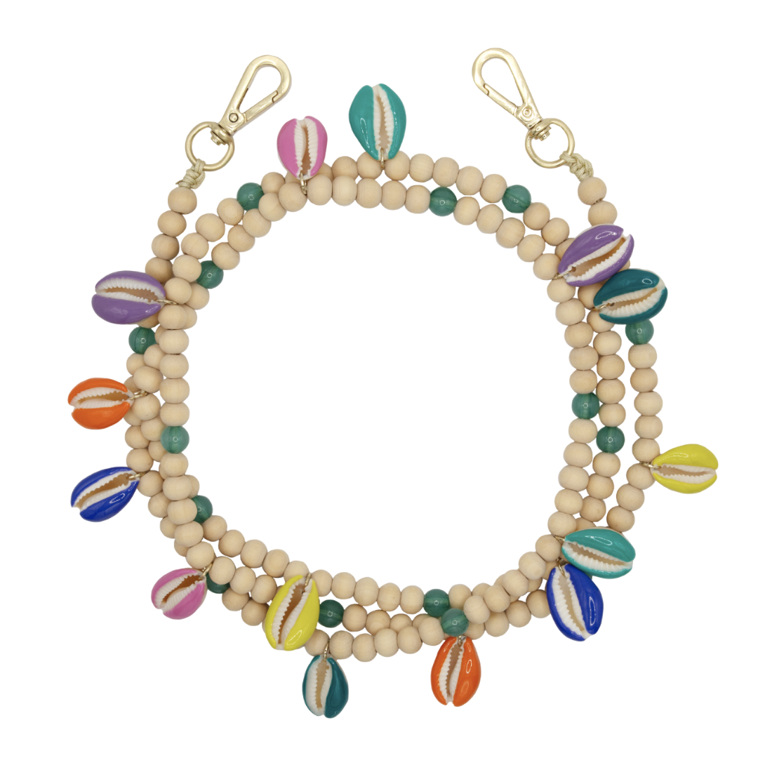 Chaîne de telephone bandouliere en coquillage multicolore et perles en bois