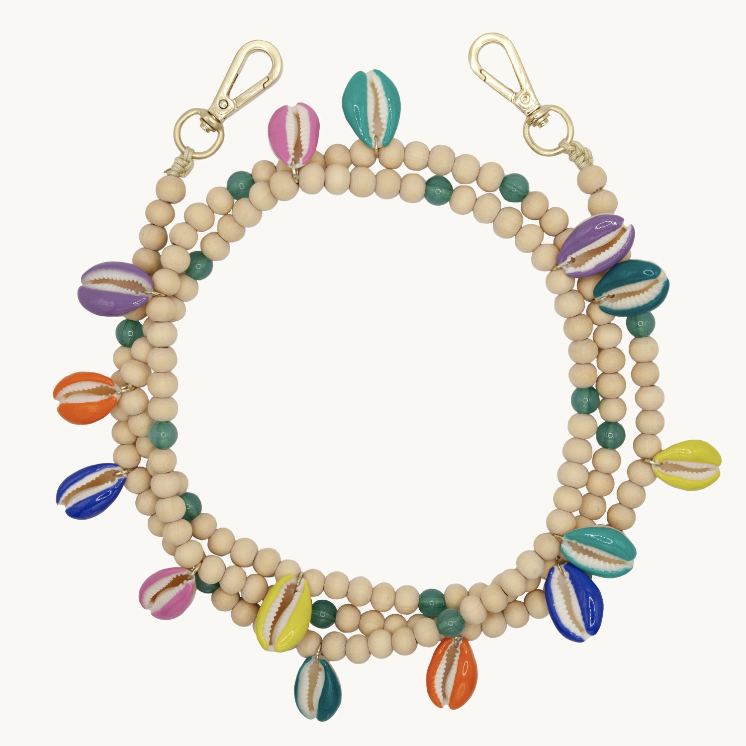 Chaîne de telephone bandouliere en coquillage multicolore et perles en bois