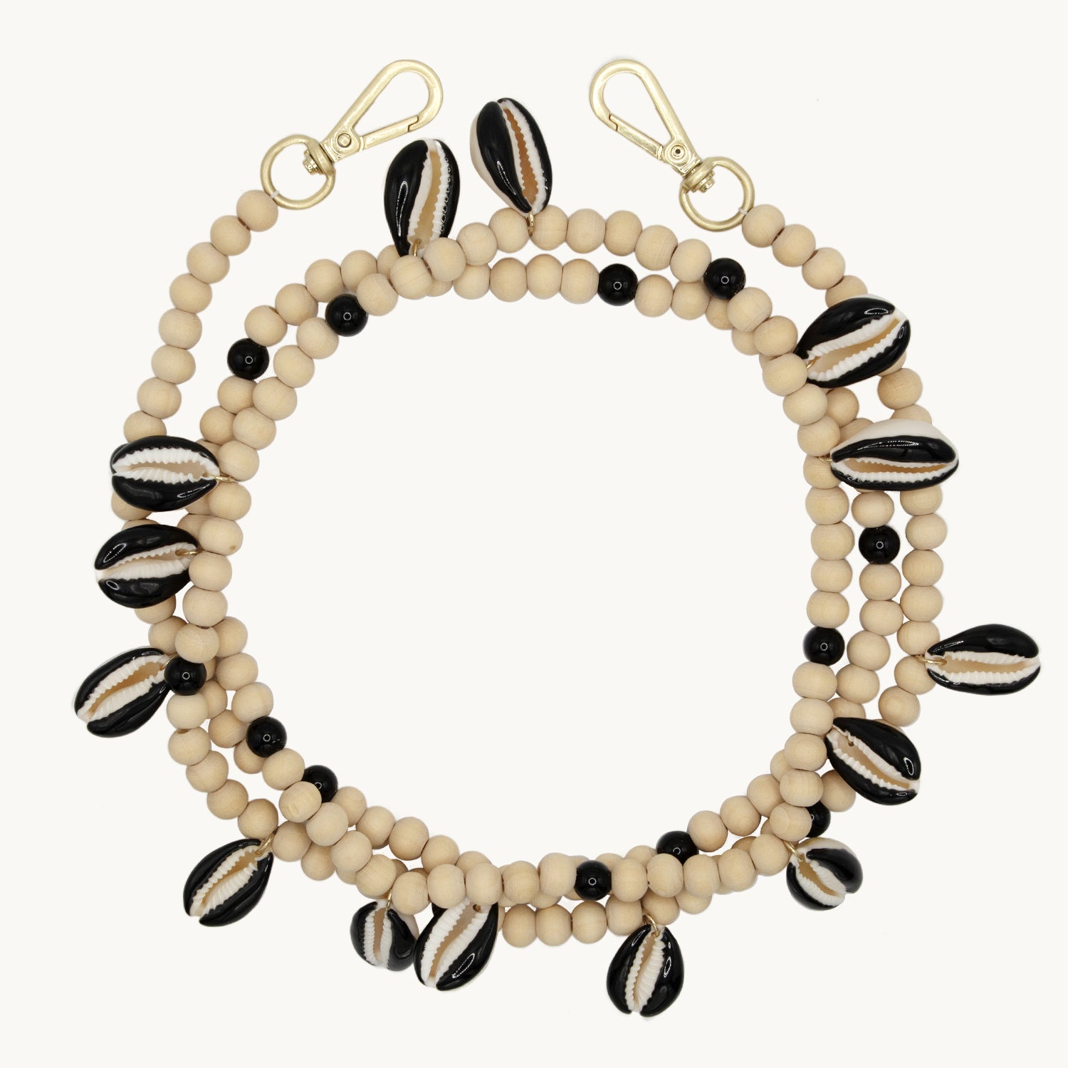 Chaîne de telephone bandouliere en coquillage noir et perles en bois