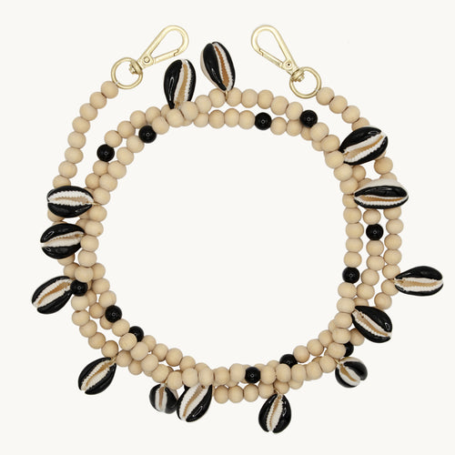 Chaîne de telephone bandouliere en coquillage noir et perles en bois