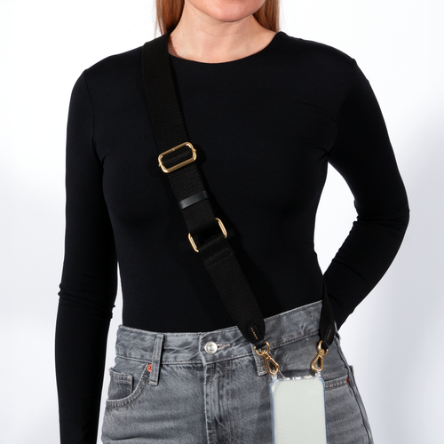 Sangle noir pour téléphone avec mousquetons en métal doré